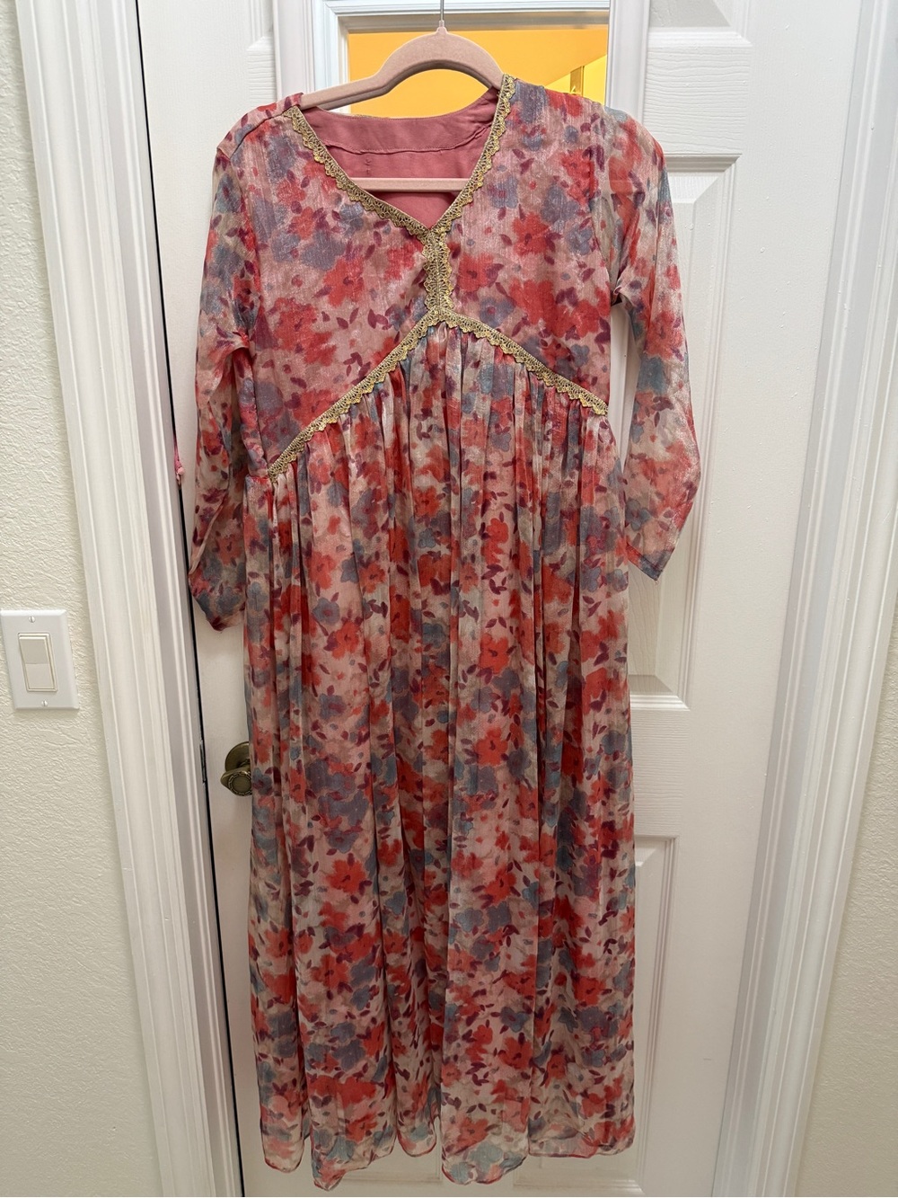 One pic Floral Long Sleeve Pink Red small size Maxi Dress
